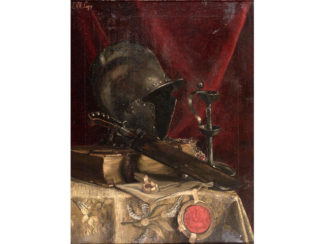 E**M** Logie, Roundhead helmet and short sword resting on a book and document, signed, oil on canvas, 74 x 56cm.