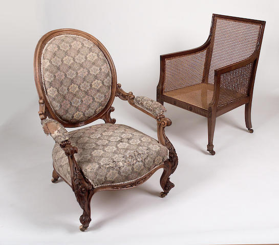 A Regency style mahogany and caned bergere armchair,