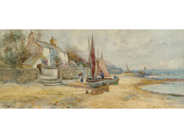 J.Hughes Clayton (British, 1891-1929) Low tide at Camaes; Figures on a beach, 21.5 x 49 cm, (2).