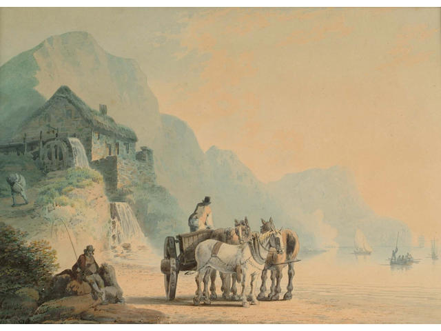Francis Nicholson (British, 1753-1844) Horses and cart on a beach 23.3 x 32.2 cm.