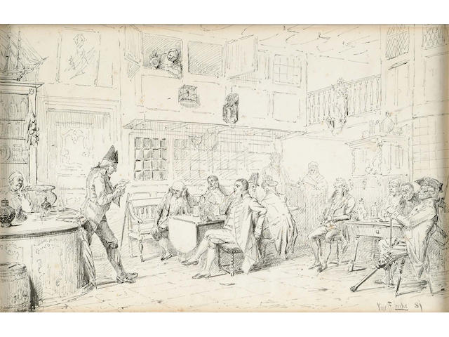 Vincent Stoltenberg Lerche (Norwegian, 1832-1892) Figures in an Inn, 18 x 28 cm, (6).