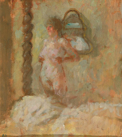 Bernard Dunstan N.E.A.C., R.W.A., R.A. (b.1920)  A nude beside a four poster bed  24.5 x 22cm