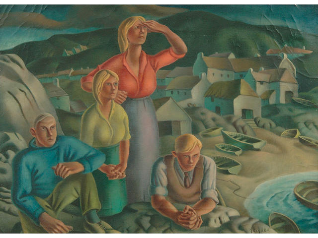 Harry Epworth Allen R.B.A., P.S. (1894-1958)  A figure group looking out to see on a southern Irish coast 38 x 54cm