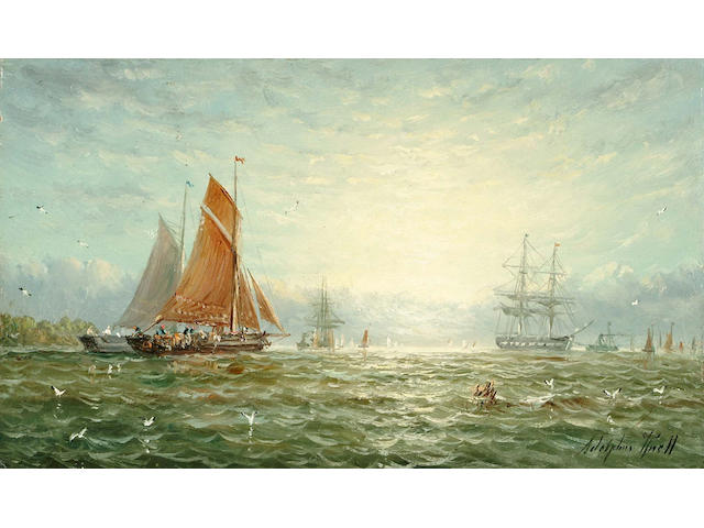 William Adolphus Knell (British, 1805-1875) Shipping at dawn; Returning home at dusk 17.7 x 30.1cm; 17.9 x 30.3cm
