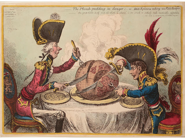 James Gillray The Plumb-pudding in danger;-or- State Epicures taking un Petit Souper. 'the great Globe itself and all which it inherit' is too small to satisfy such insatiable appetites