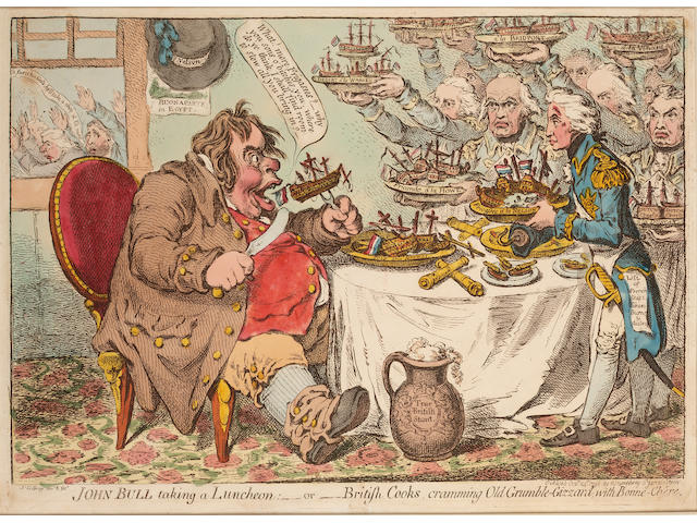 James Gillray JOHN BULL taking a Luncheon:-0r-British Cooks, cramming Old Grumble Gizzard with Bonne Chere