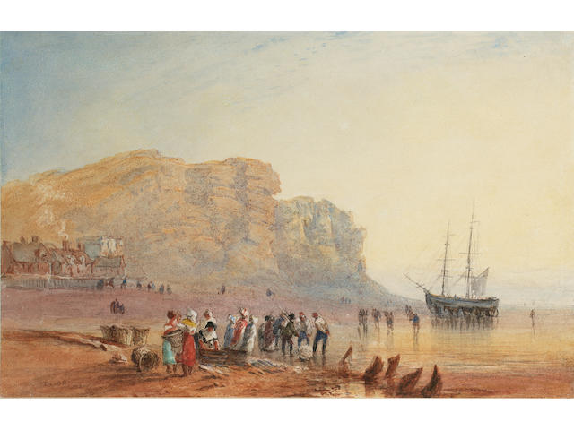 David Cox O.W.S. (British, 1783-1859) A fish market on the beach at Hastings