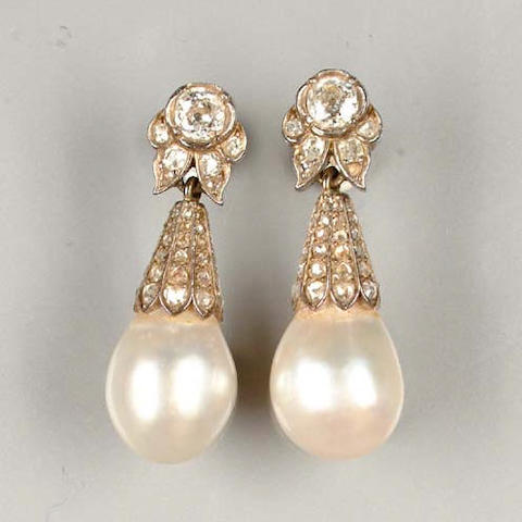 A pair of late 19th century pearl and diamond pendant earrings