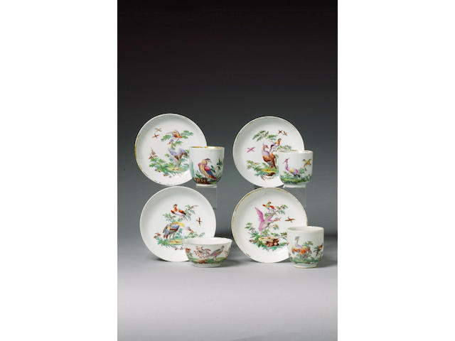Three coffee cups, a teabowl and four saucers circa 1755-60
