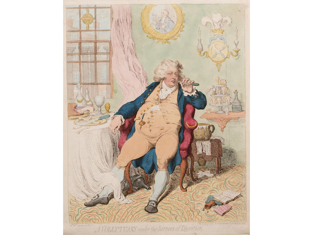 James Gillray A VOLUPTORY under the horrors of Digestion Etching, with stipple engraving, 1792, with contemporary hand colouring, on wove, published July 2nd by H Humphrey, London; narrow to thread margins, 370mm x 295mm (14in x 11 2/3in)(SH) unframed