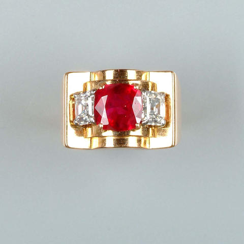 Bonhams : An art deco ruby and diamond ring by Chaumet
