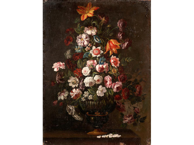 Circle of Giovanni Stanchi, called Stanchi dai Fiori, An iris, tulips, roses, carnations and other flowers in a gilt bronze vase on a tabletop; and Tulips, roses, peonies, morning glory and other flowers in a gilt bronze vase on a table top