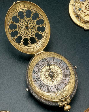A late 16th century German brass and silver oval verge clockwatch with stackfreed and alarm The backplate stamped with the shield of Strasburg, circa 1580, later restorations