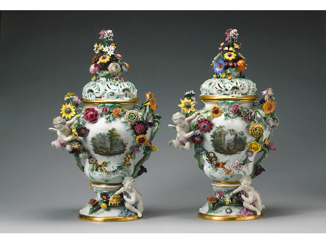 A pair of massive Meissen vases and covers mid nineteenth century