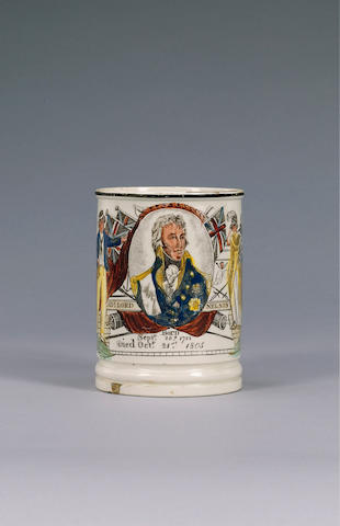 A rare Sunderland or Newcastle &#145;Death of Nelson&#146; commemorative pearlware frog mug, circa 1805,