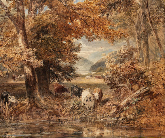Thales Fielding (British, 1793-1837) Cattle watering from a stream
