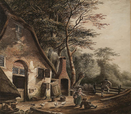Andreas Schelfhout (Dutch 1787-1870) Figures outside a farmstead