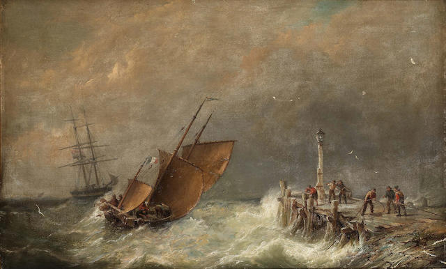 Pieter Cornelis Dommersen (Dutch 1834-1908) Entering harbour, stormy weather