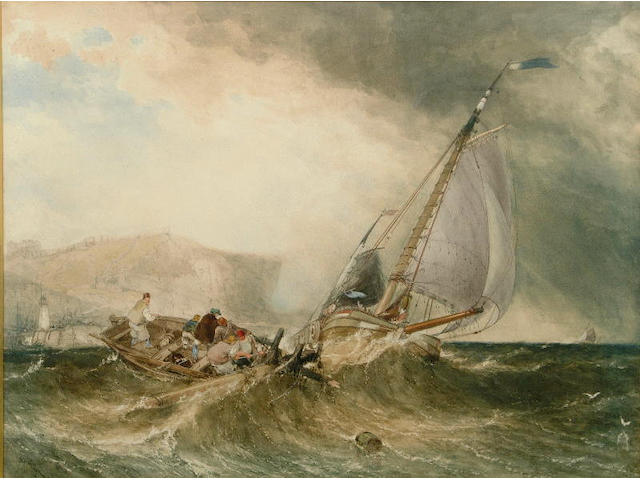 William Roxby Beverley (1811-1889) "Scarborough, Yorkshire", a Dutch vessel putting out to sea with fishermen picking up wreckage 63 x 83cm