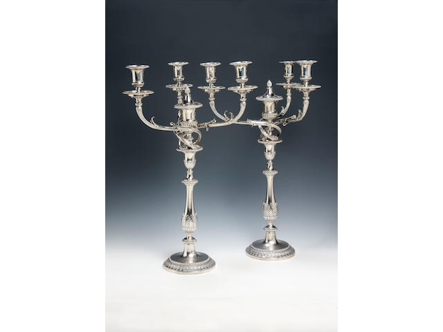 A fine pair of George III cast four-light candelabra, by Richard Cooke, 1807,
