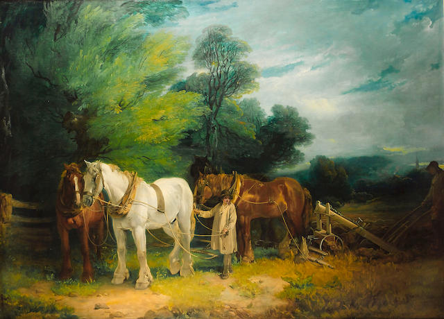 Francis Wheatley (1747-London-1801) A ploughman and his team by a wood 154.9 x 215.9 cm. (61 x 85 in.)