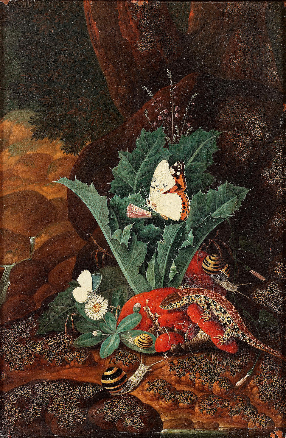 Karl Wilhelm de Hamilton (Brussels circa 1668-1754 Augsburg) A forest floor still life with a lizard, snails and butterflies; and A forest floor still life with a snake, snails and butterflies, 29.5 x 20.6 cm. (11 5/8 x 8 1/8 in.)(2)