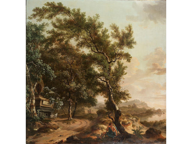 Circle of Jurien Adriaensen (active The Netherlands, 18th Century) An extensive wooded landscape with a classical figure resting by a tree, a tomb beyond 178.5 x 172 cm. (78&#188; x 67&#190; in.)