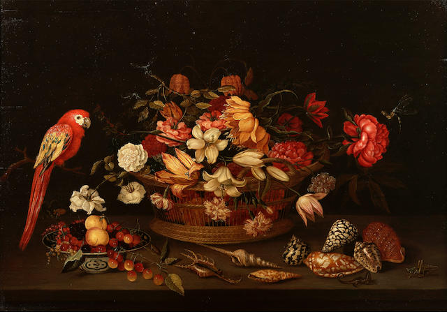 Attributed to Jeronimus Sweerts (Amsterdam 1603-1636) Lilies, a crown imperial, tulips, fritillaries, roses and other flowers in a basket, with a <i>wan-li kraak</i> bowl with fruit,a parrot on a branch, with shells, a lizard and a grasshopper on a wooden table, 75.5 x 107 cm. (29&#190; x 42&#188; in.)