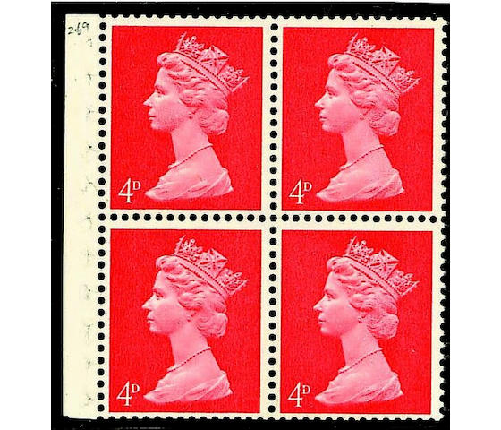 1967-70 Machins: 4d. vermilion GA head A variety phosphor omitted in a part booklet pane of four with selvedge, right hand pair with slight surface rubbing and slightly trimmed perfs. at foot otherwise fine and rare. SG &#163;4800.
