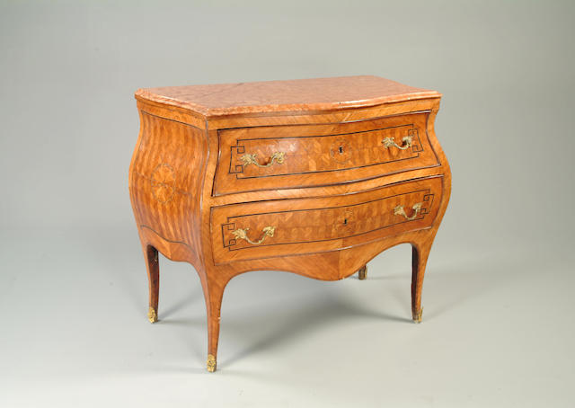 An 18th Century style Neapolitan  kingwood and parquetry bombe commode