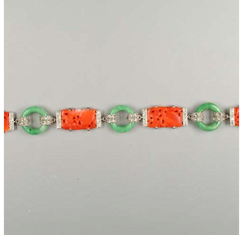 An art deco coral, jade and diamond bracelet