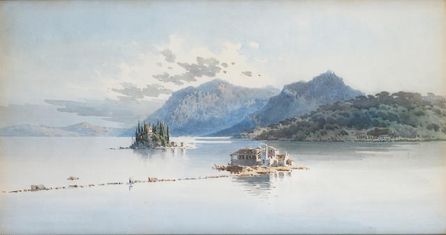 Angelos Giallina (Greek 1857-1939) The islands of Pontikonissi and Vlacherna, Corfu 38 x 72 cm. (15 x 28 3/8 in.)