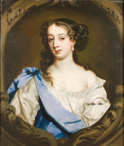Studio of Sir Peter Lely (Soest 1618-1680) Portrait of Barbara Villiers, Duchess of Cleveland, half-length, in a white chemise and a blue wrap, in a painted cartouche 75 x 73.5 cm. (29.&#189; x 25 in.)