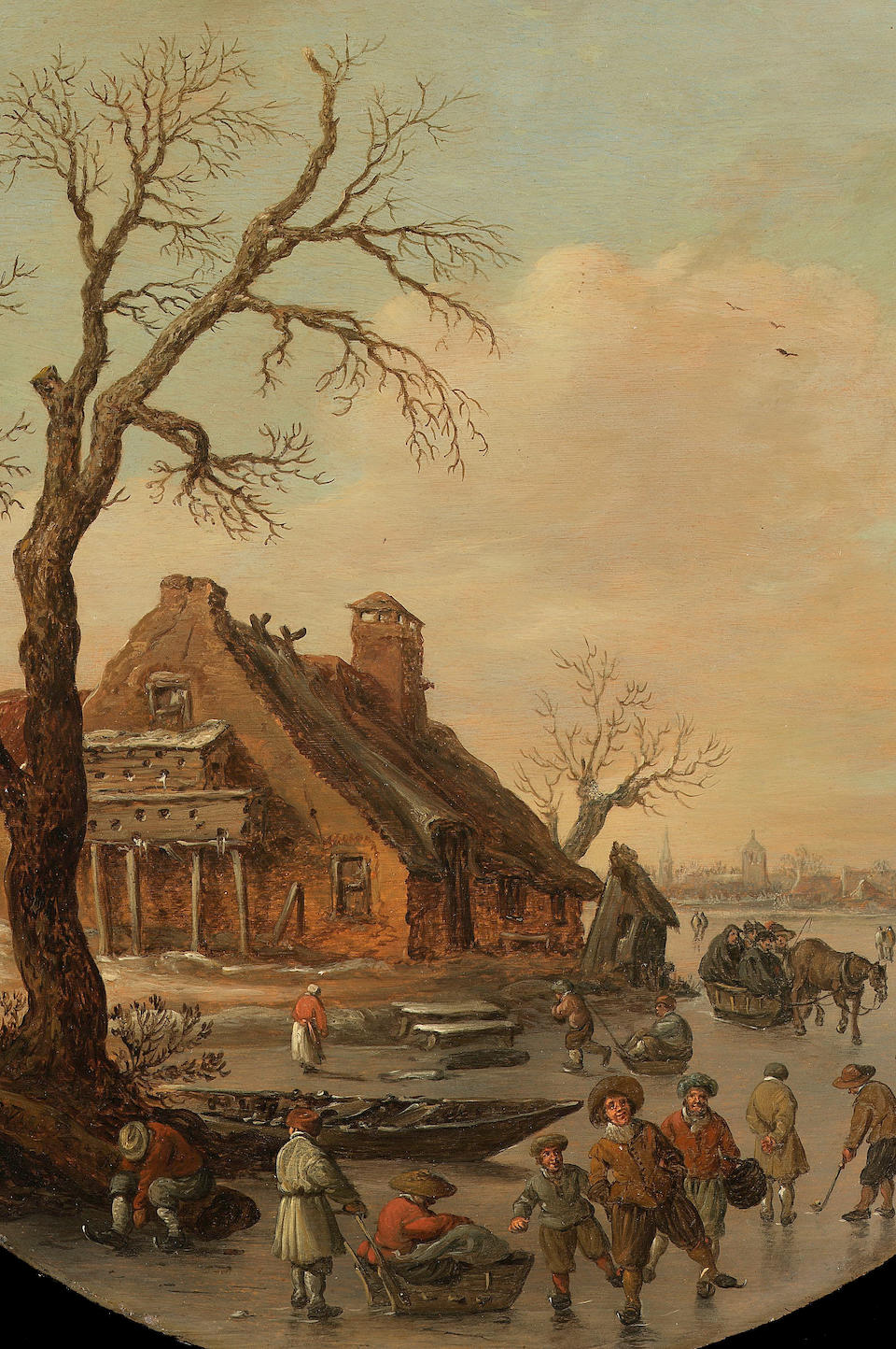 Jan Josefsz. Van Goyen A winter landscape with skaters on a frozen river, a farmhouse with a dovecot