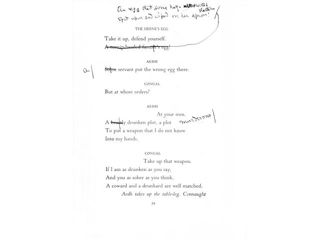 YEATS (W.B.) Proof, bearing autograph revisions and passed for the press, of Yeats&#146;s verse drama The Herne&#146;s Egg, comprising approximately 75 words in Yeats&#146;s hand, with additional deletions and corrections