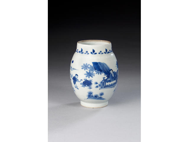 A blue and white jar,