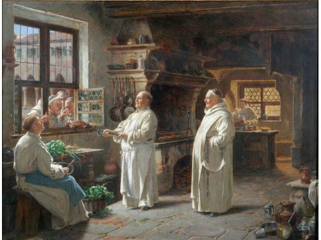 Adolf Humborg A monastery kitchen with monk inviting three others, at the window, to inspect their meal, signed, oil on panel, 49 x 65cm.