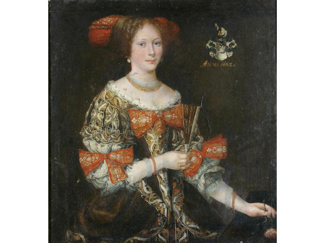 Florentine School Portrait of a young lady, wearing elaborately embroidered dress, pearl and gold necklace, and headdress, waist length, holding a fan in one hand and a rose in the other, oil on canvas, 94 x 86cm.