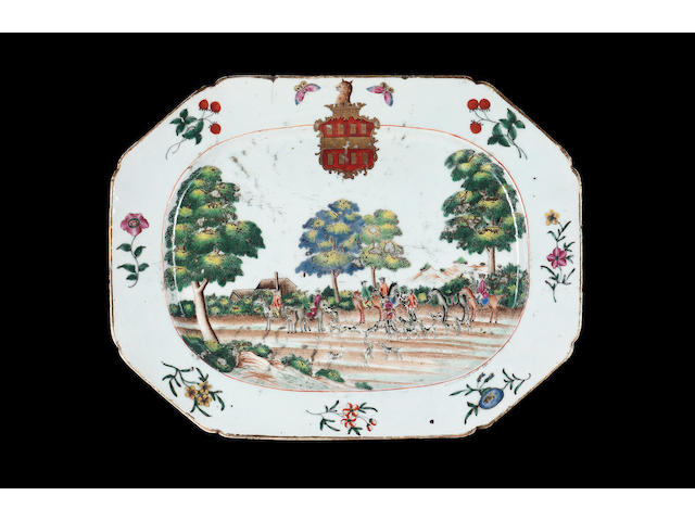 An armorial 'European Hunting' platter and plate of octagonal form [2]