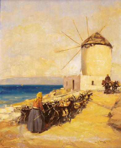 Vassilis Germenis (Greek 1896-1966) Windmill in Myconos 67.5 x 56.5 cm. (26 1/2 x 22 1/8 in.)
