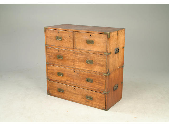 An early 19th century teak and brass bound campaign chest