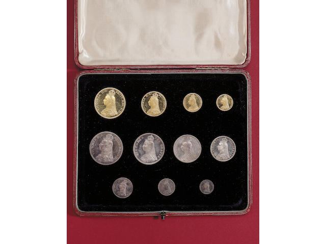 Victoria (1837-1901), Jubilee gold and silver Proof set, 1887, Five Pounds to Threepence, in red leather official case of issue.