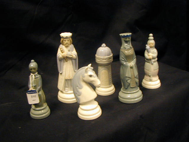 A complete Lladro blue glazed chess set,