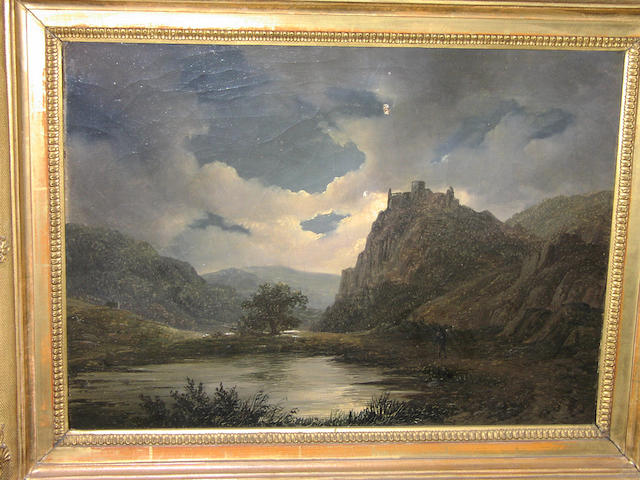 Austrian School (c 1830-1850), Moonlit lake scene, oil on canvas, 28 x 39cm.