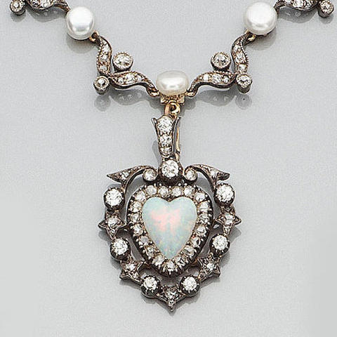 Bonhams : A late Victorian diamond, opal and pearl necklace