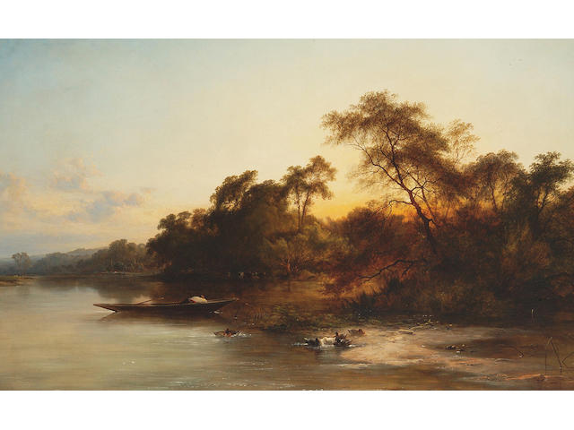 George Augustus Williams (1814-1901) A bend in the river at dusk 81 x 127cm (32 x 50in)