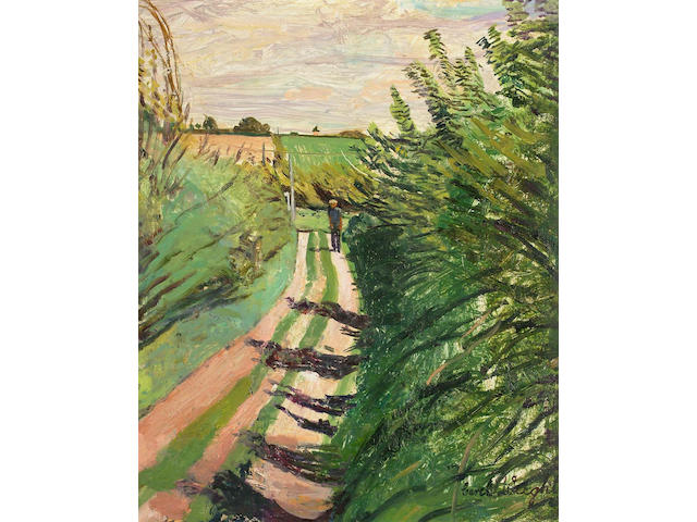 Carel Weight (British, 1908-1997) Figure on a country lane 30 x 25cm.