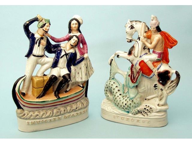 Two unusual Staffordshire pottery figural groups, 19th Century,