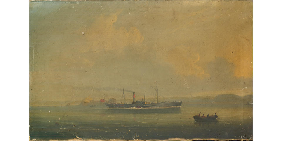 Philip John Ouless (British, 1817-1885) The Jersey-St.Malo paddle steamer 'Superb' outward bound from St.Helier, with Elizabeth Castle off her stern 40.7 x 66cm. (16 x 26in.) unframed
