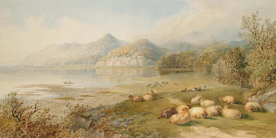 Cornelius Pearson (British, 1805-1891) and Thomas Francis Wainewright (British, 19th Century) Cattle and sheep before a loch, 36.5 x 71 cm.